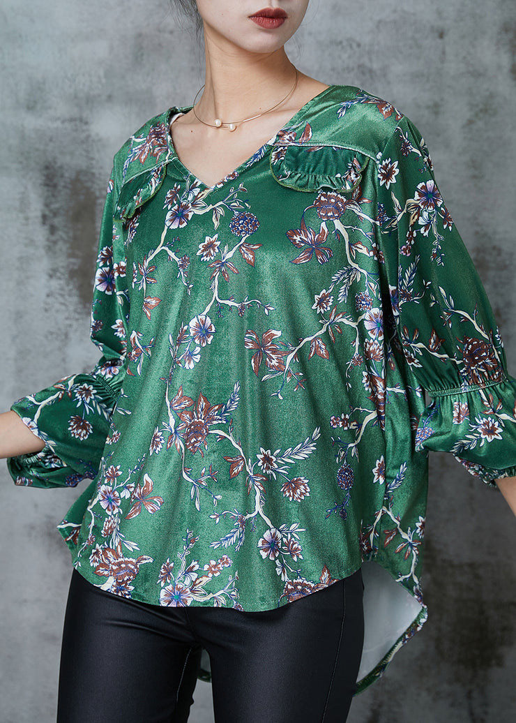 Loose Green Print Low High Design Silk Velour Shirt Spring