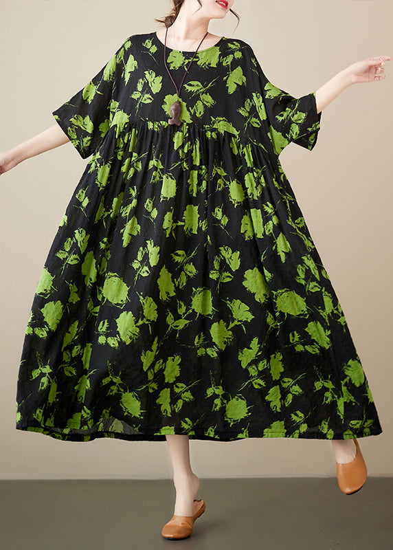 Loose Green Print Wrinkled Cotton Maxi Dresses Summer