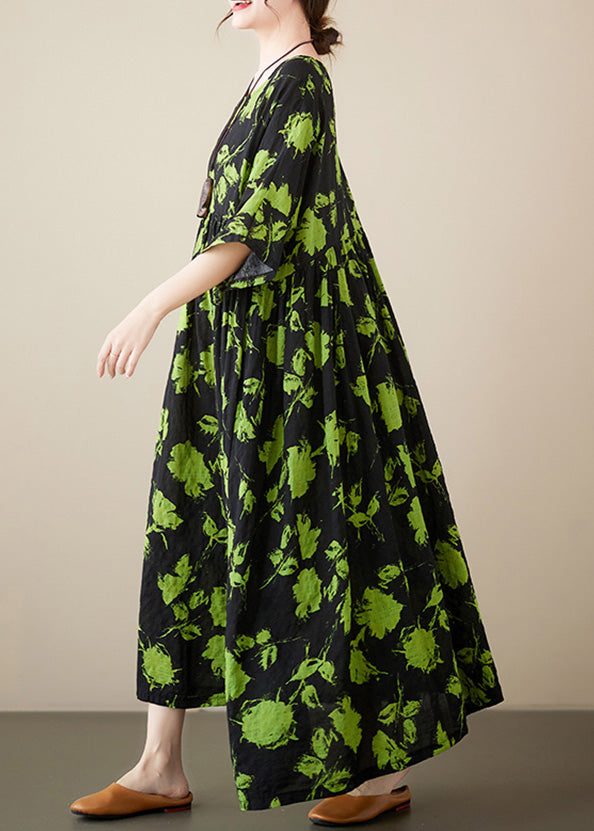 Loose Green Print Wrinkled Cotton Maxi Dresses Summer