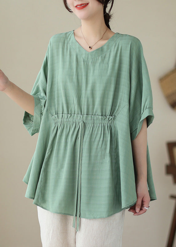 Loose Green Ruffled Lace Up Cotton T Shirt Summer