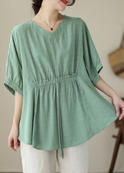 Loose Green Ruffled Lace Up Cotton T Shirt Summer