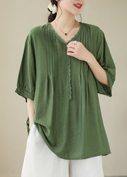 Loose Green Ruffled Patchwork Linen Top Short Sleeve