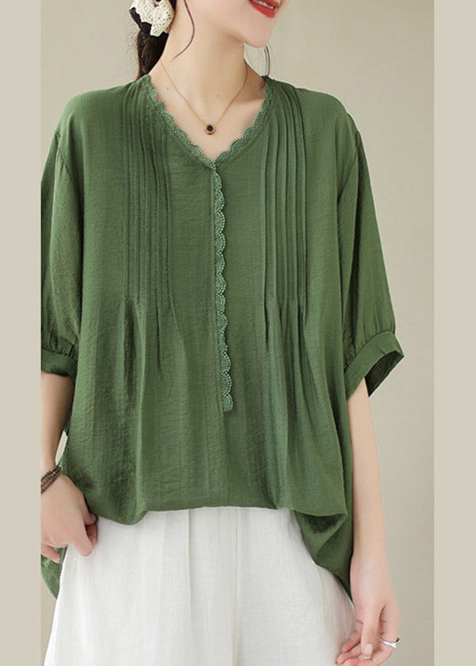 Loose Green Ruffled Patchwork Linen Top Short Sleeve