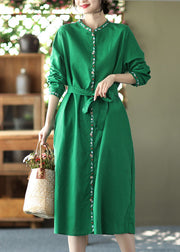 Loose Green Sashes Pockets Linen Holiday Dress Long Sleeve