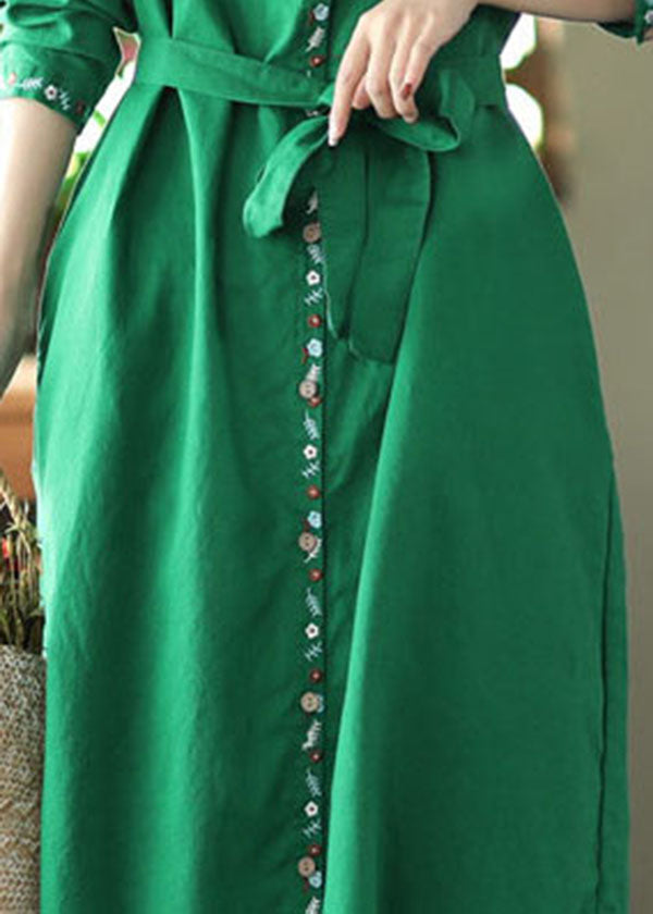 Loose Green Sashes Pockets Linen Holiday Dress Long Sleeve