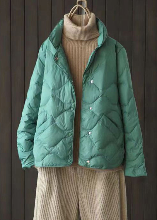 Loose Green Stand Collar Button Duck Down Coats Long Sleeve