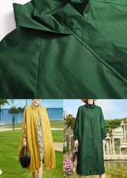 Loose Green Stand Collar Pockets Patchwork Cotton Trench Fall
