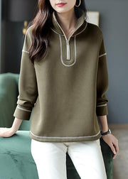 Loose Green Stand Collar Zippered Patchwork Cotton Tops Fall