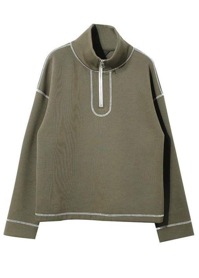Loose Green Stand Collar Zippered Patchwork Cotton Tops Fall