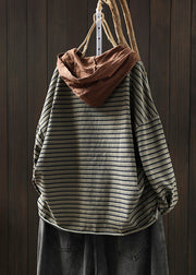 Loose Green Striped Hooded Patchwork Cotton Blouse T Shirt Fall