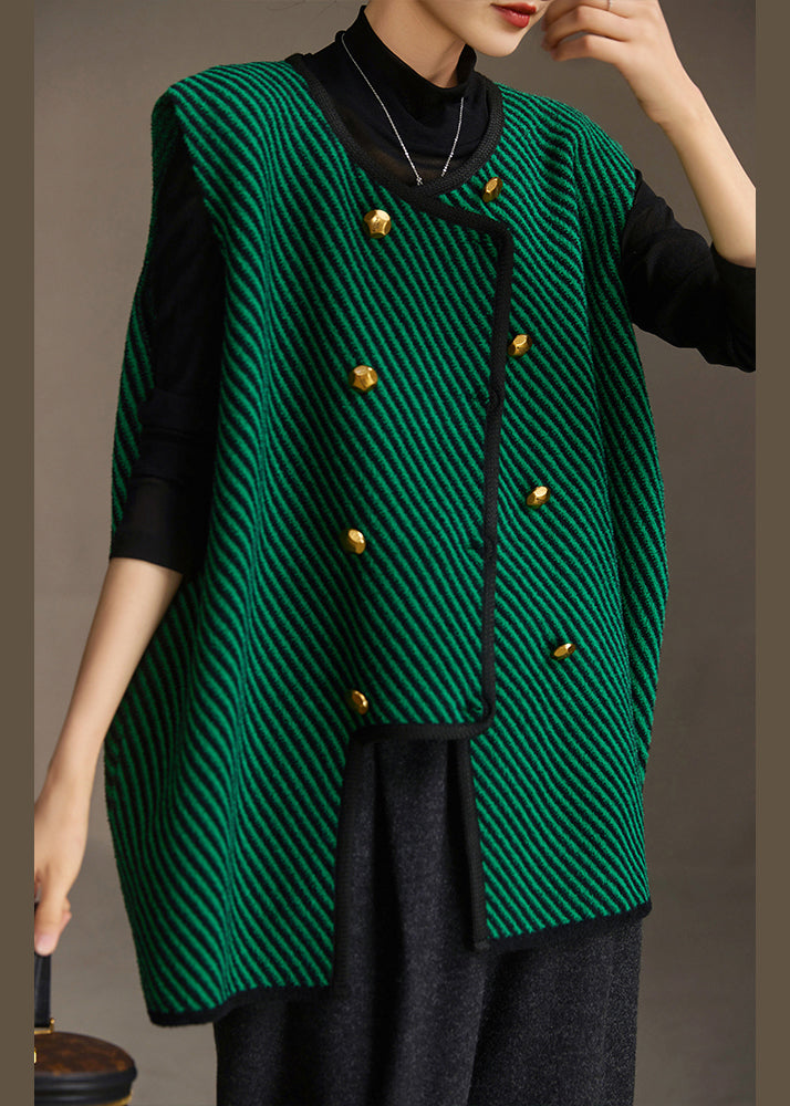 Loose Green Striped O Neck Button Knit Waistcoat Sleeveless
