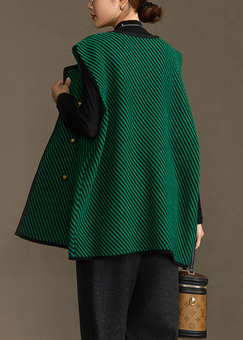 Loose Green Striped O Neck Button Knit Waistcoat Sleeveless