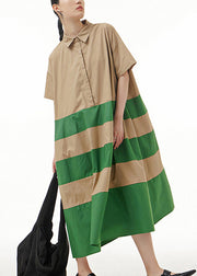 Loose Green Striped Patchwork Cotton Maxi Dresses Short Sleeve