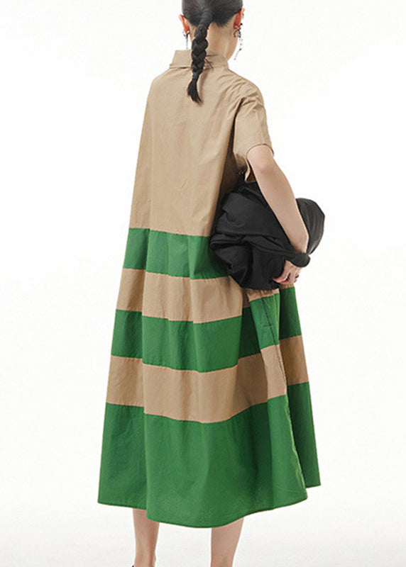 Loose Green Striped Patchwork Cotton Maxi Dresses Short Sleeve