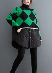Loose Green Turtle Neck Patchwork Knit top Winter