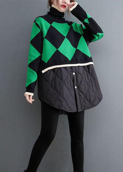 Loose Green Turtle Neck Patchwork Knit top Winter