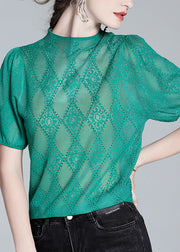 Loose Green Turtleneck Hollow Out Knit Wool Shirt Short Sleeve
