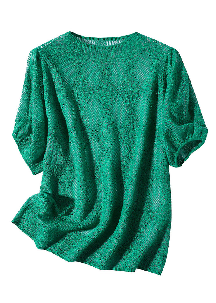 Loose Green Turtleneck Hollow Out Knit Wool Shirt Short Sleeve