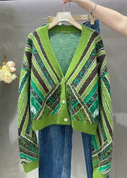 Loose Green V Neck Button Patchwork Knit Coats Fall