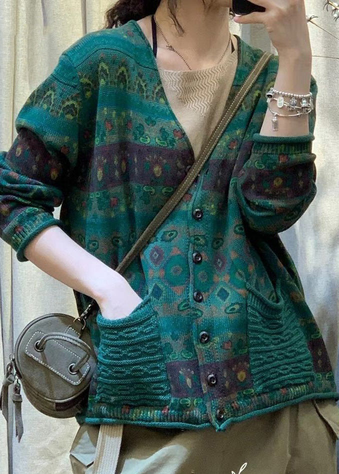 Loose Green V Neck Button Pockets Knit Coat Spring