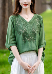 Loose Green V Neck Embroidered Patchwork Cotton T Shirt Half Sleeve