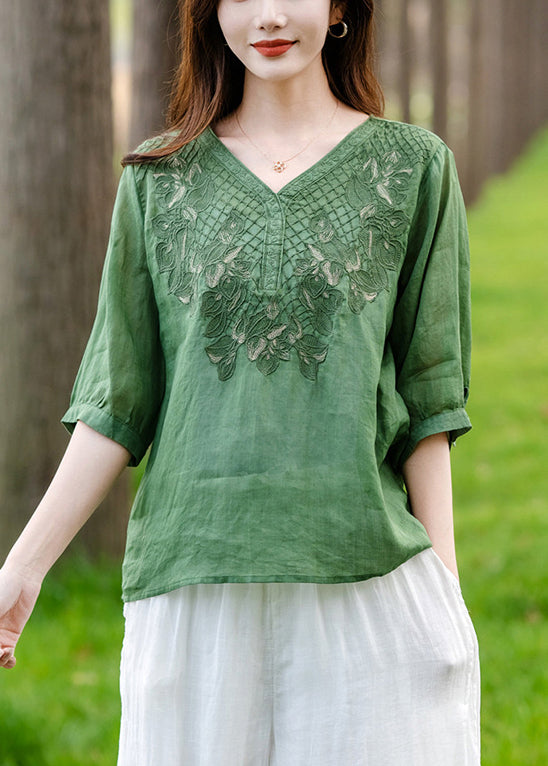 Loose Green V Neck Embroidered Patchwork Cotton T Shirt Half Sleeve