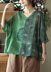 Loose Green V Neck Embroidered Ramie Tops Summer