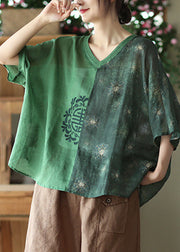 Loose Green V Neck Embroidered Ramie Tops Summer