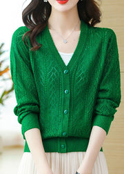 Loose Green V Neck Hollow Out Button Patchwork Knit Cardigans Fall