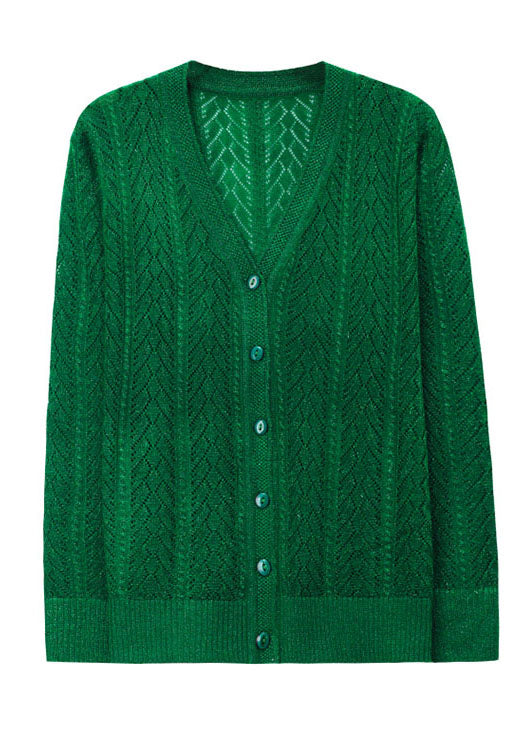 Loose Green V Neck Hollow Out Button Patchwork Knit Cardigans Fall