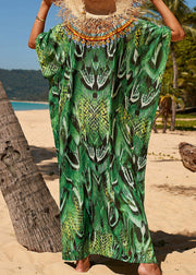 Loose Green V Neck Print Side Open Maxi Beach Dress Short Sleeve