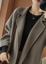 Loose Grey Chocolate Colour Notched Tie Waist Woolen Long Coats Fall