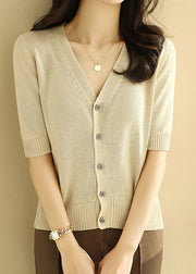 Loose Grey Coffee V Neck Button Ice Silk Knit Shirts Short Sleeve