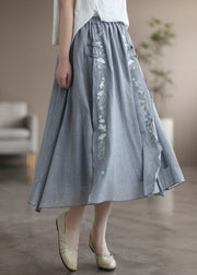 Loose Grey Embroidered Elastic Waist Patchwork Linen Skirt Fall