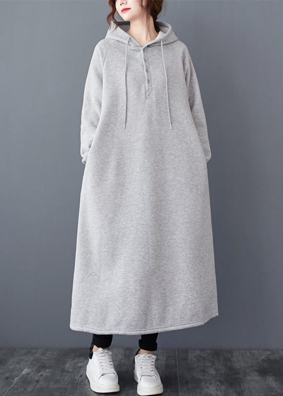 Loose Grey Hooded Pockets Patchwork Warm Fleece Dresses Winter