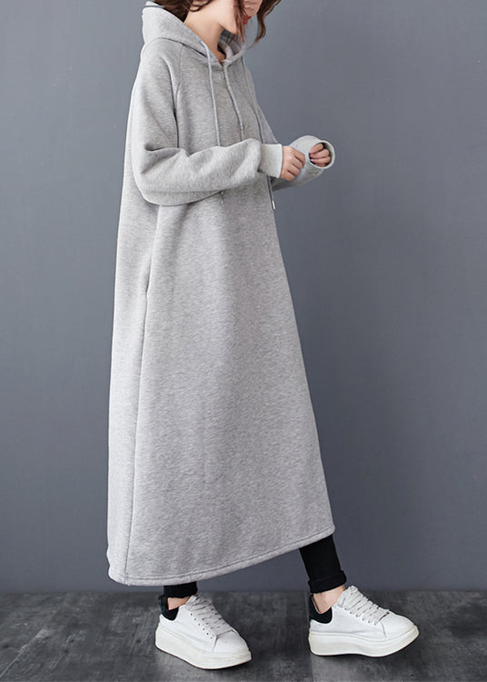 Loose Grey Hooded Pockets Patchwork Warm Fleece Dresses Winter