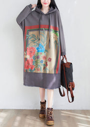 Loose Grey Hooded Print Cotton Maxi Dresses Spring