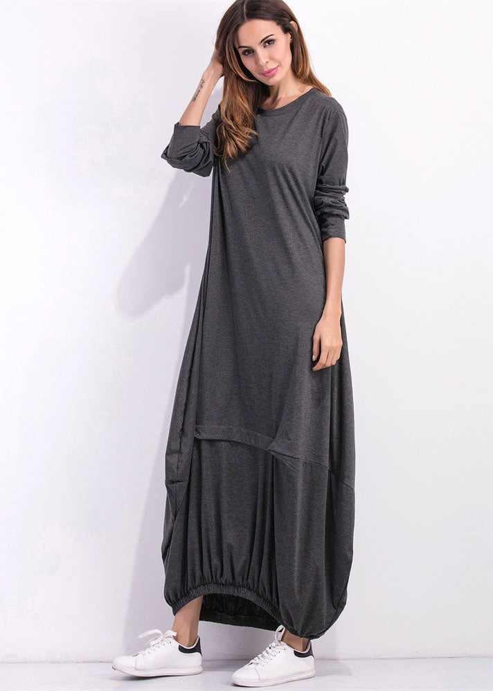 Loose Grey O Neck Asymmetrical Design Cotton Maxi Dress Spring