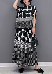 Loose Grey O-Neck Dot Print Chiffon tops and skirts Two Pieces Set Short Sleeve
