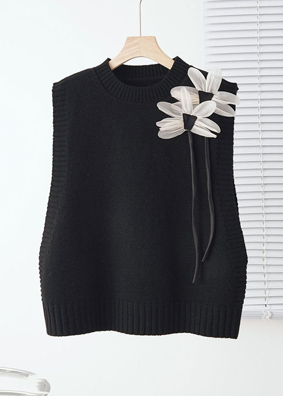 Loose Grey O-Neck Floral Knit Waistcoat Sleeveless