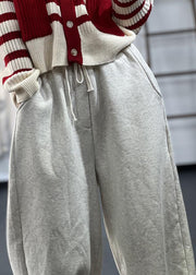Loose Grey Pockets Elastic Waist Fleece Crop Pants Winter