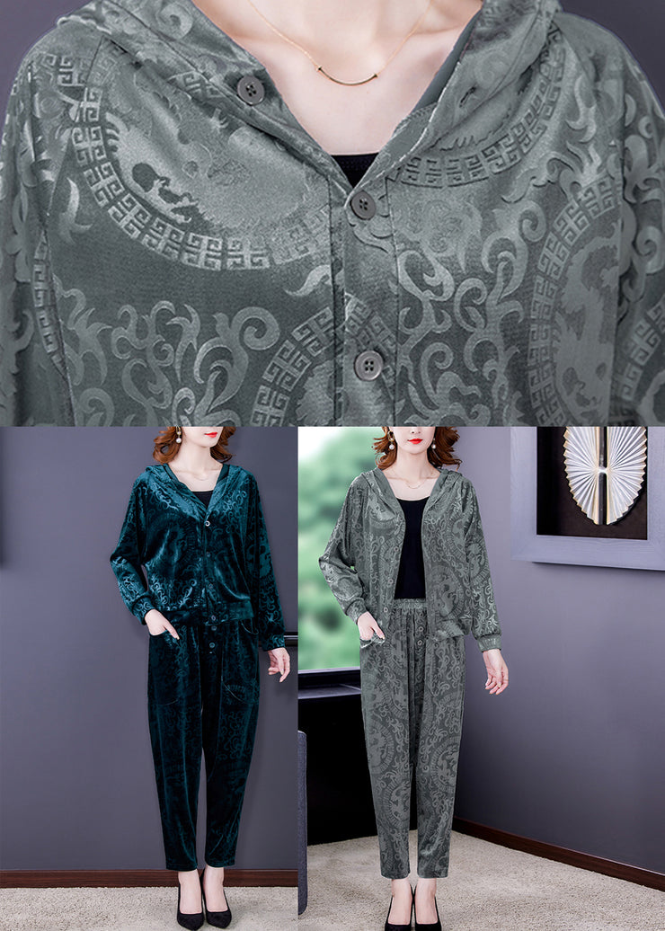 Loose Grey Print Silk Velour Coats And Harem Pants Two Pieces Set Fall