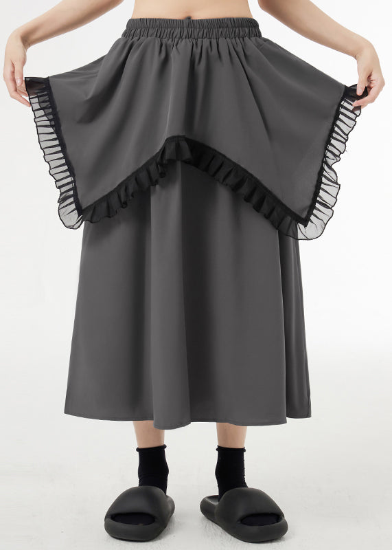 Loose Grey Ruffled Elastic Waist Patchwork Cotton Skirt Fall