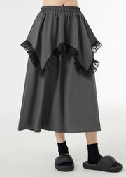 Loose Grey Ruffled Elastic Waist Patchwork Cotton Skirt Fall