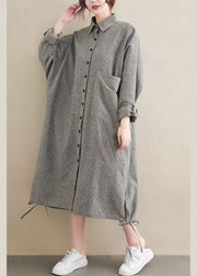 Loose Grey Striped Turn-down Colla Maxi Spring Cotton Dress - SooLinen
