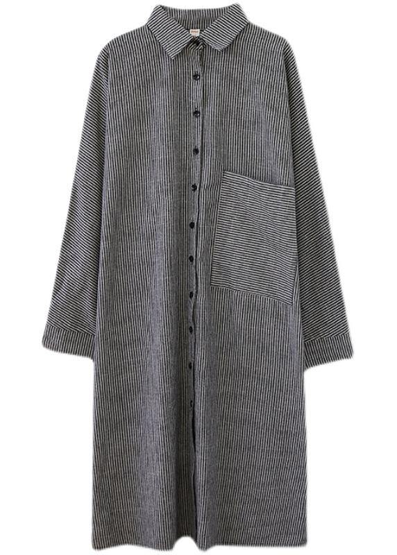 Loose Grey Striped Turn-down Colla Maxi Spring Cotton Dress - SooLinen