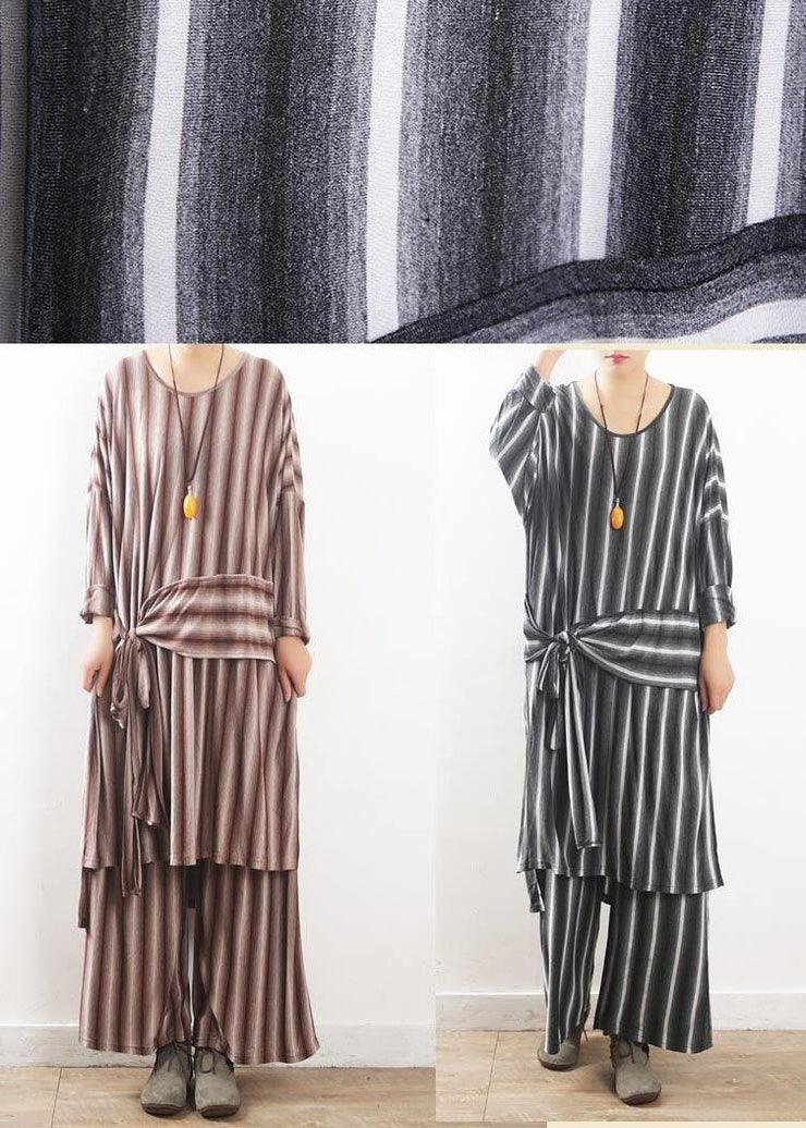 Loose Grey Striped tie waist Two Pieces Set Summer Cotton Dress - SooLinen