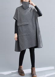 Loose Grey Turtleneck Pockets Patchwork Knit Mid Dresses Fall