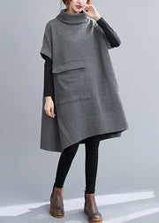 Loose Grey Turtleneck Pockets Patchwork Knit Mid Dresses Fall