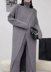 Loose Grey Turtleneck Side Open Patchwork Cotton Knit Two Pieces Set Fall
